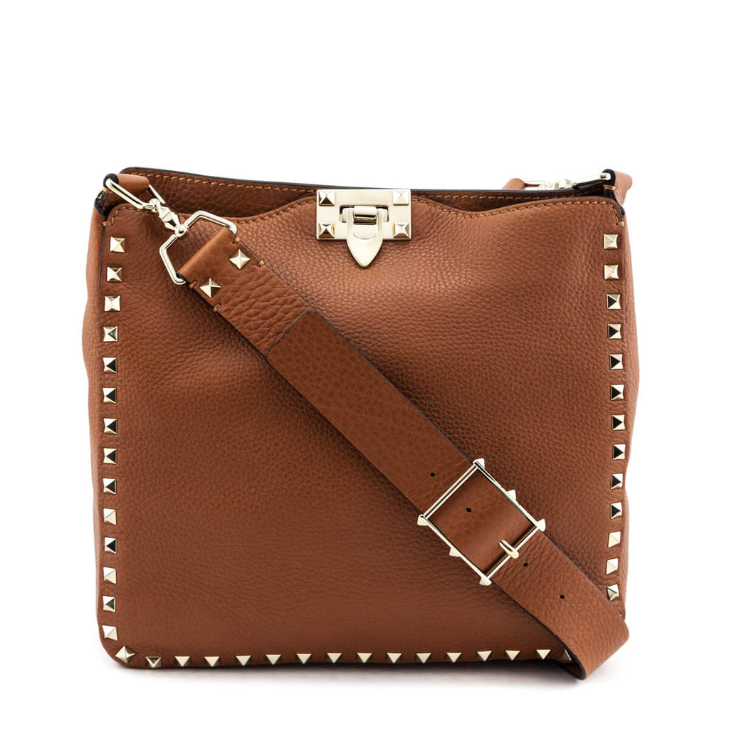 Valentino Tan Pebbled Calfskin Small Rockstud Flip-Lock Messenger Bag