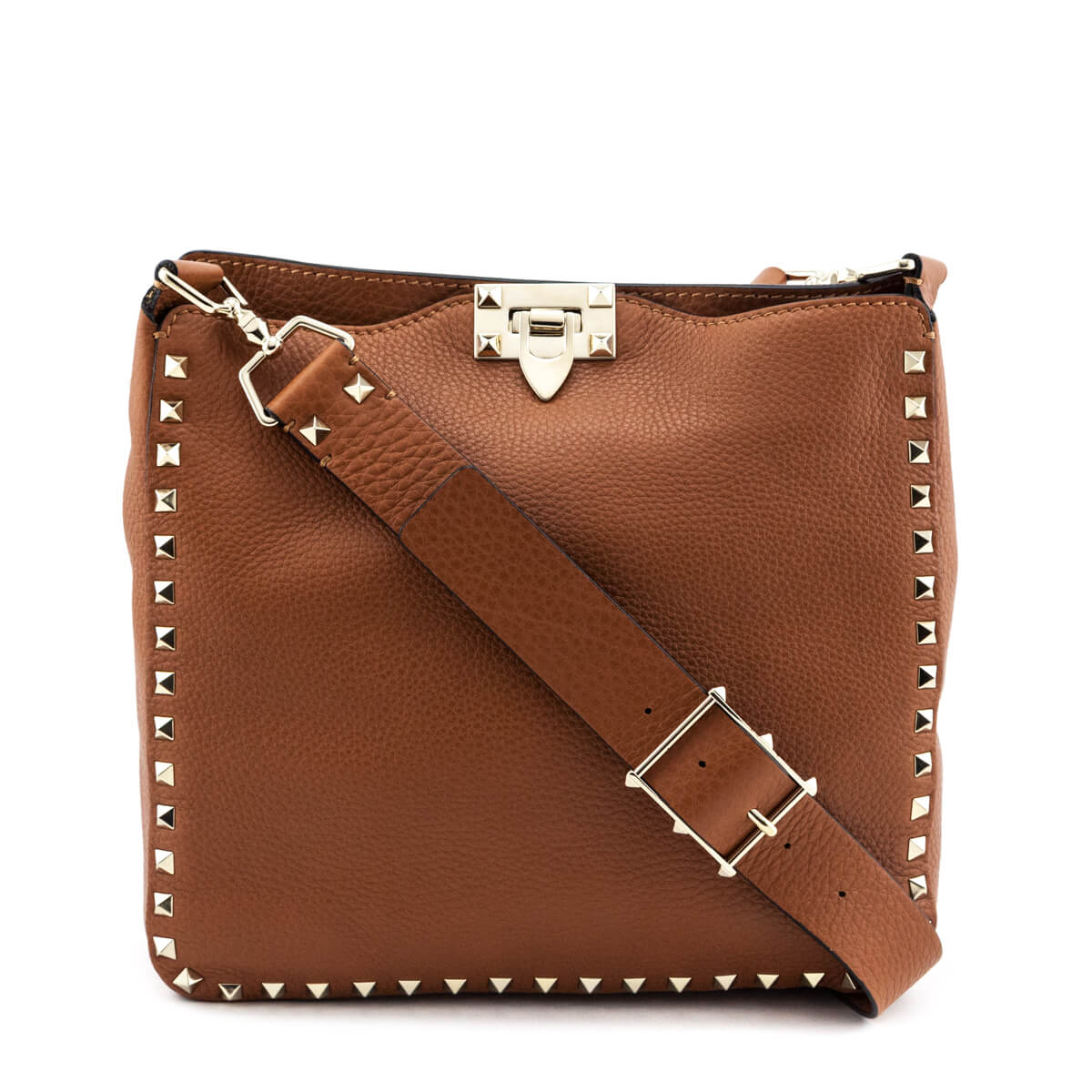 Valentino Tan Pebbled Calfskin Small Rockstud Flip-Lock Messenger Bag