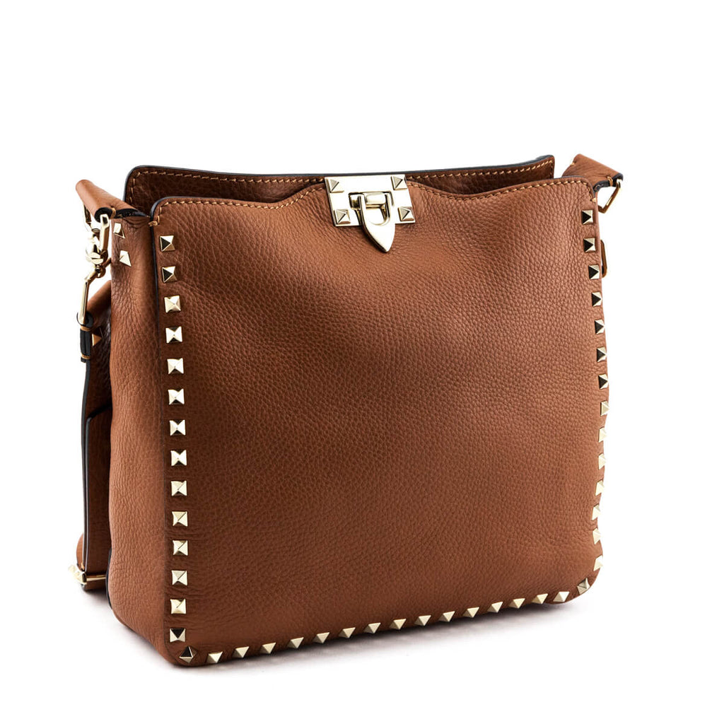 Valentino Tan Pebbled Calfskin Small Rockstud Flip-Lock Messenger Bag