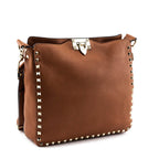 Valentino Tan Pebbled Calfskin Small Rockstud Flip-Lock Messenger Bag