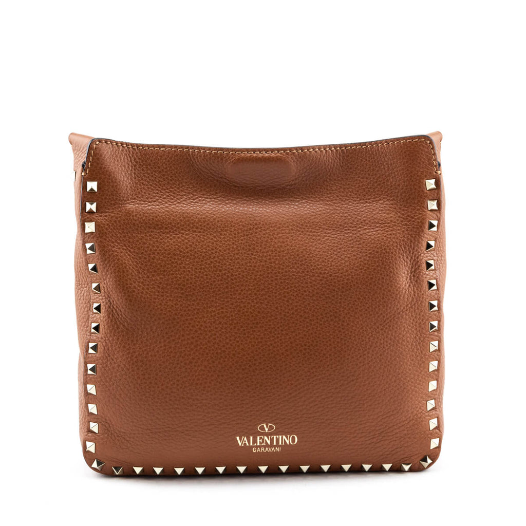 Valentino Tan Pebbled Calfskin Small Rockstud Flip-Lock Messenger Bag