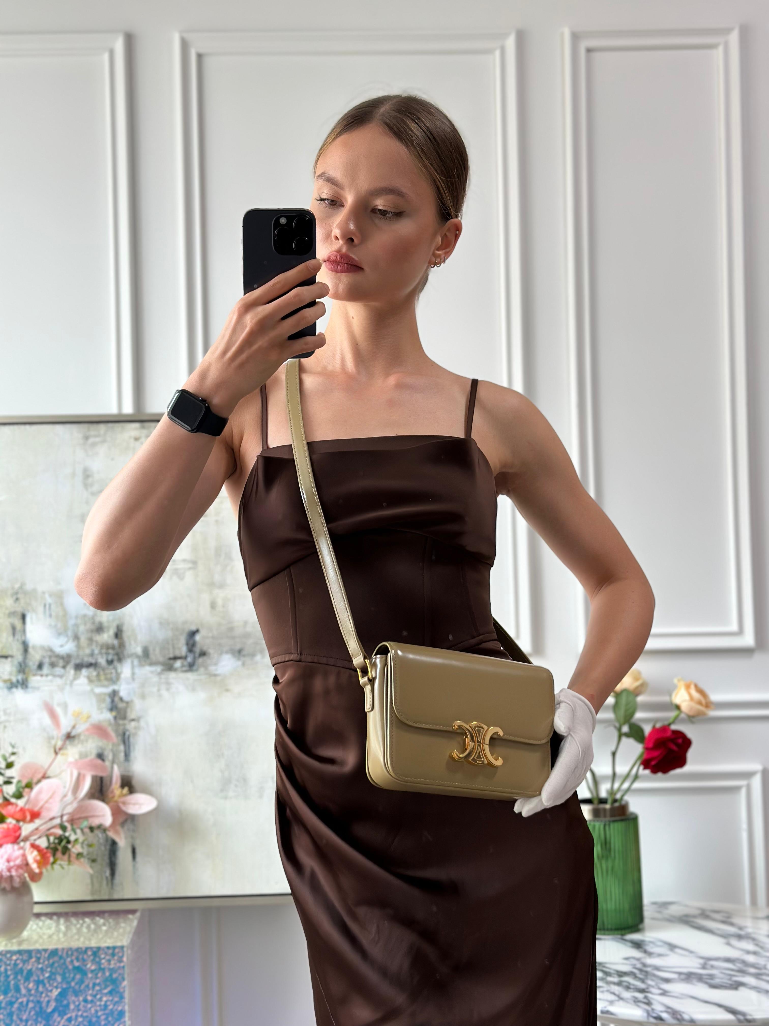 Celine Classic Triomphe Bag in Shiny Calfskin Smoke Brown Color