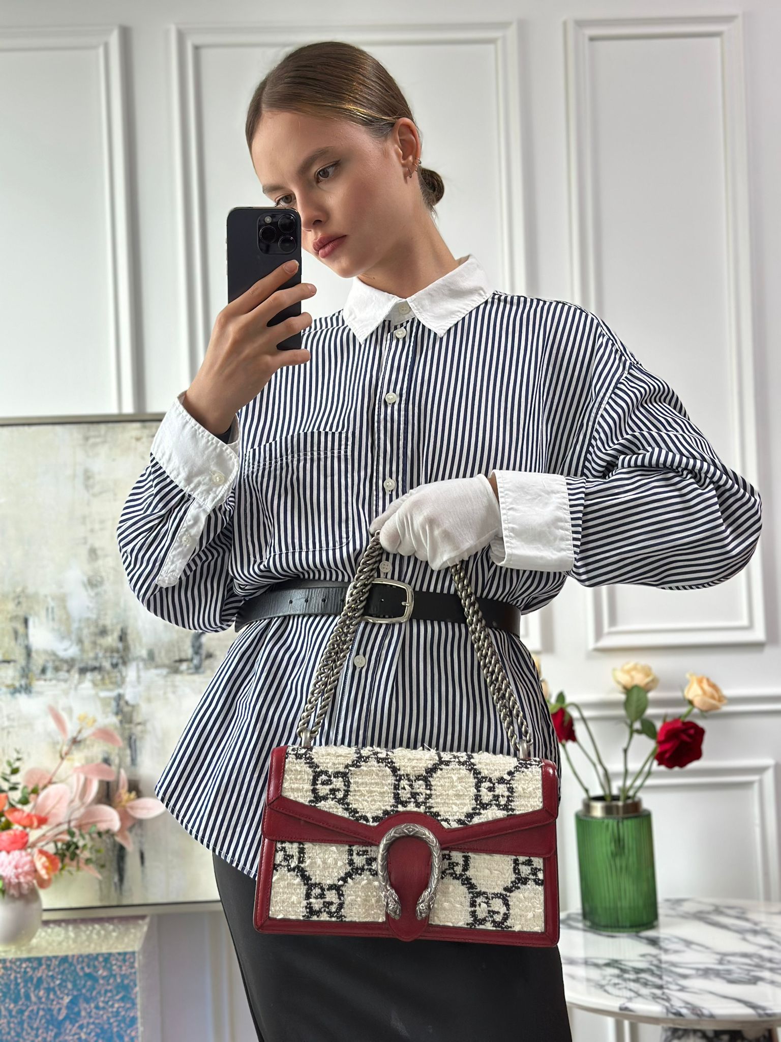 Gucci Tweed Monogram Small Dionysus Shoulder Bag in White/Black/Romantic Cherry