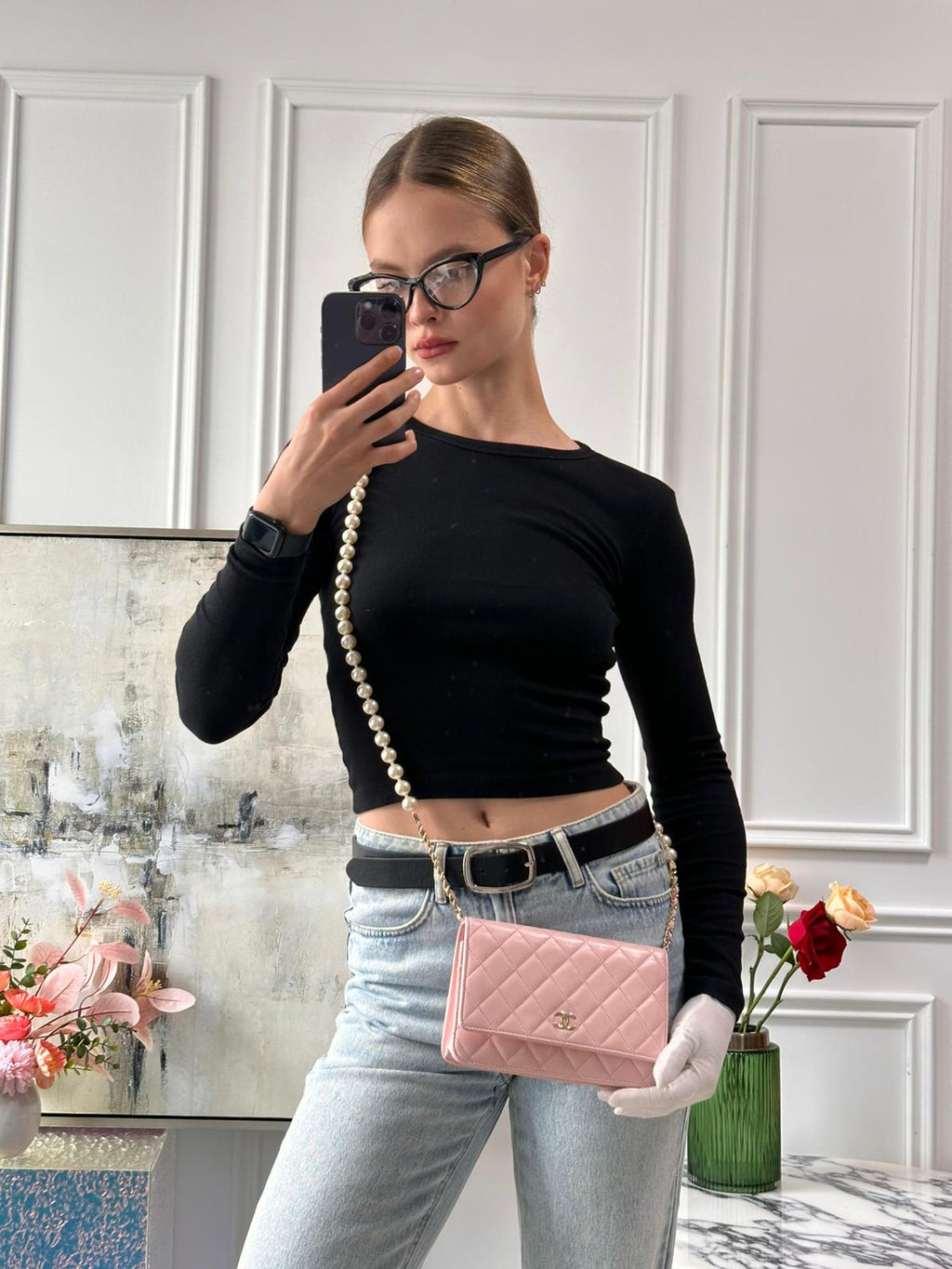 Chanel Baby Pink Wallet on Chain (WOC) in Quilted Lambskin with Pearl Chain – Gold Hardware