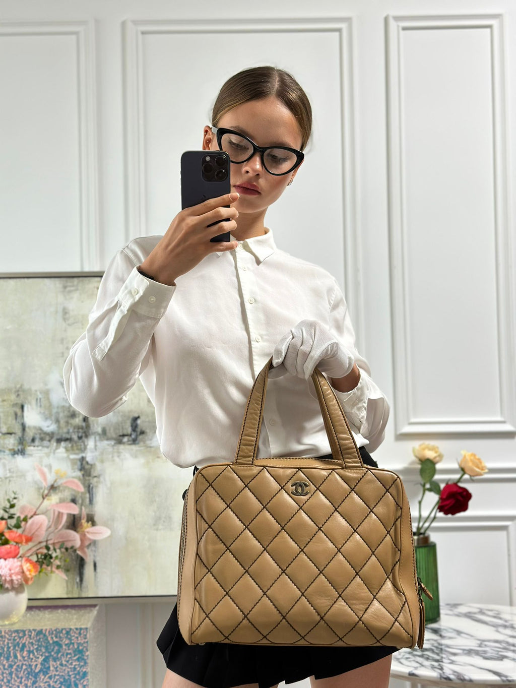Chanel Contrast Bowler Handbag Beige