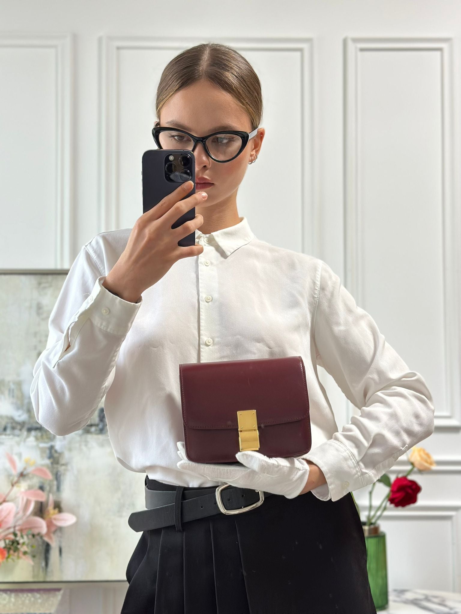 Celine Burgundy Classic Box Small Leather Shoulder Bag