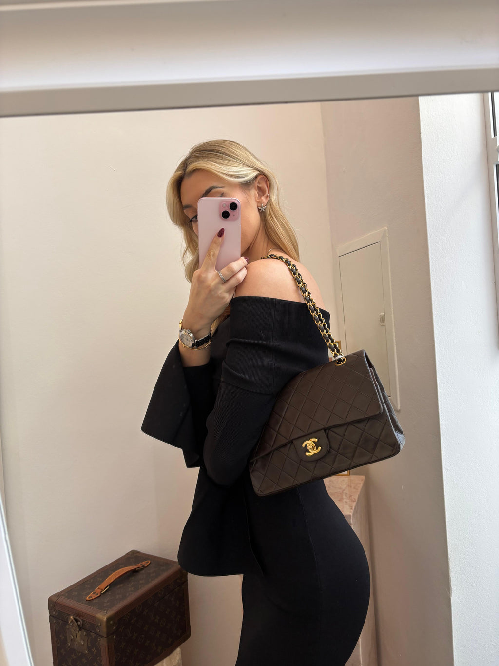 Chanel Vintage Classic Flap Bag in Chocolate Brown With 24k Gold Hardware Medium Size