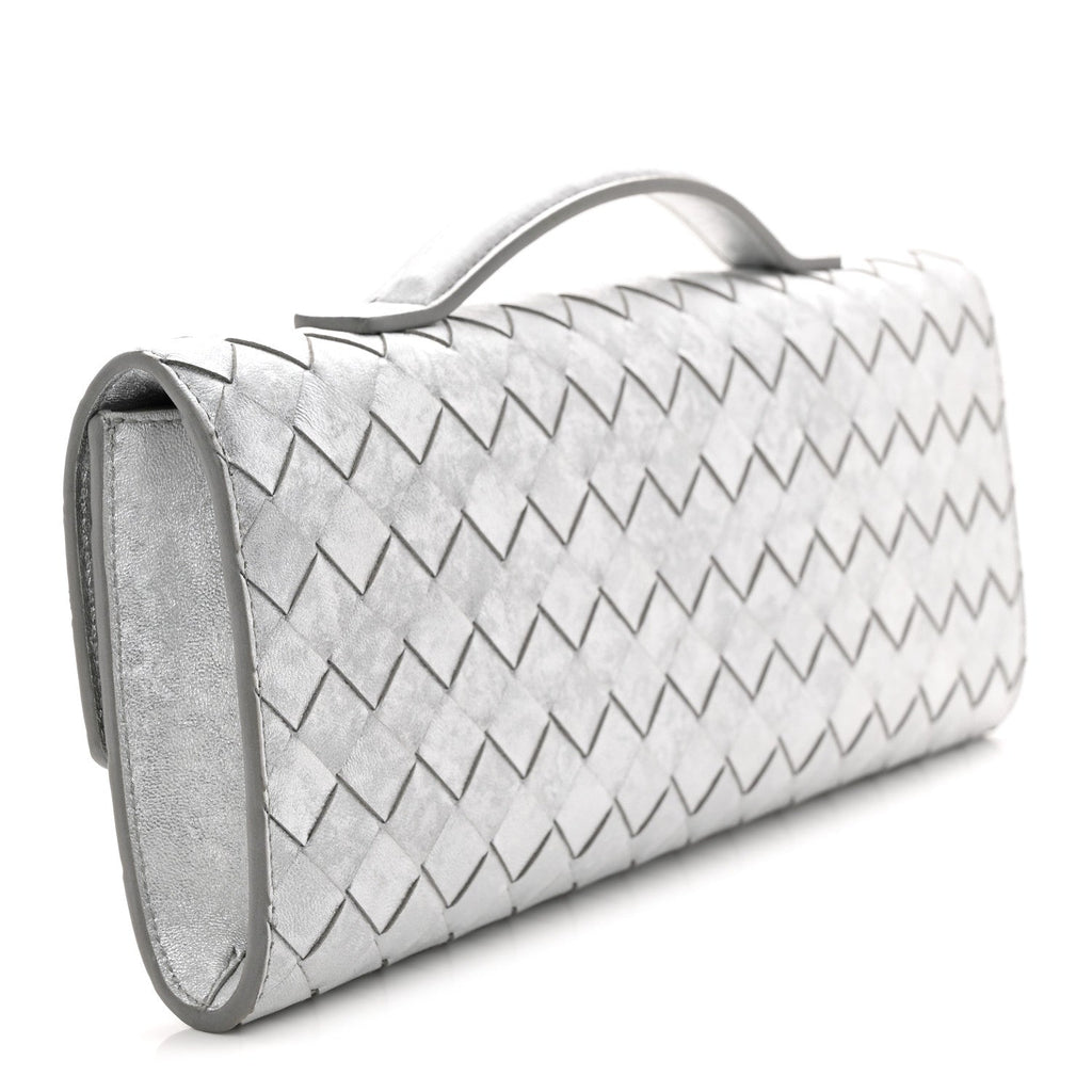 Metallic Lambskin Intrecciato Long Andiamo Top Handle Clutch Silver