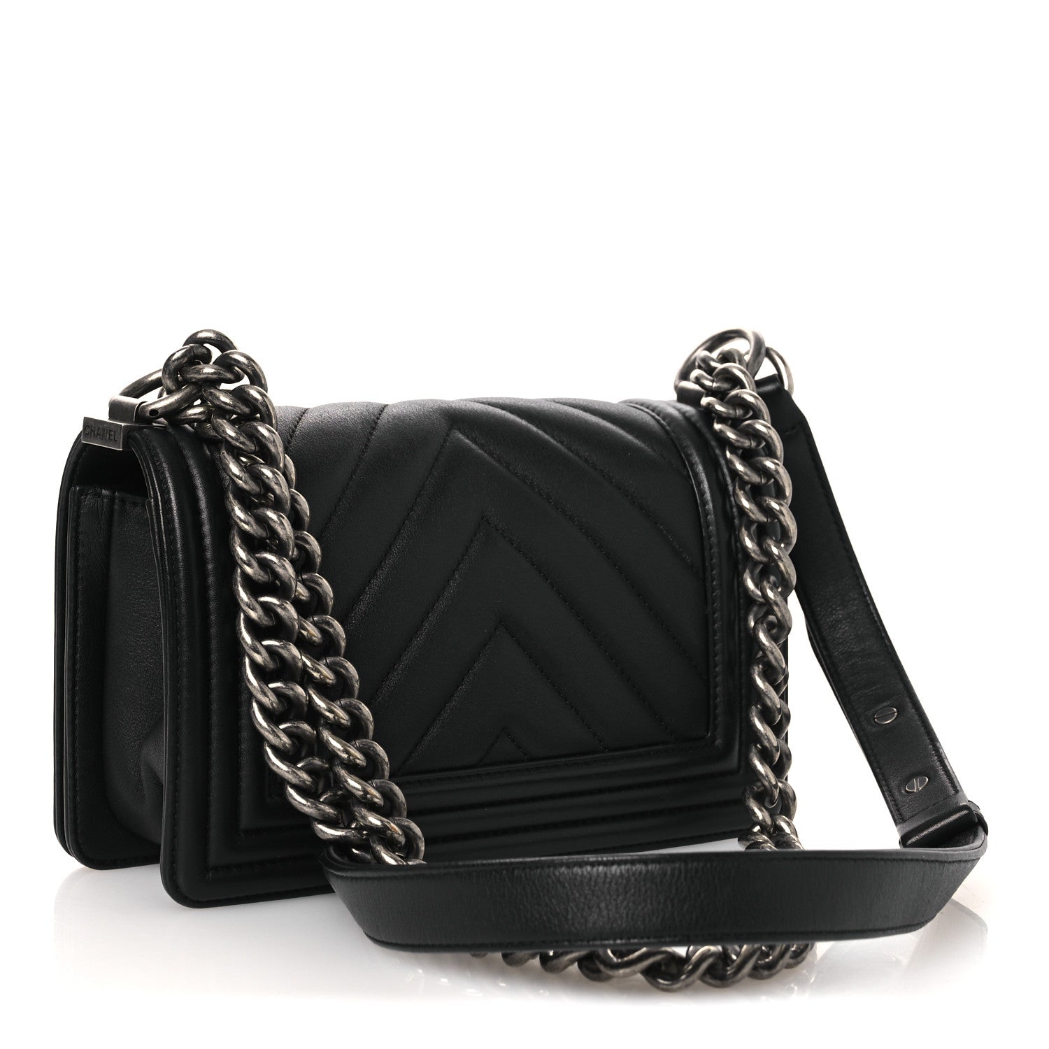Lambskin Chevron Quilted Small Boy Flap Black