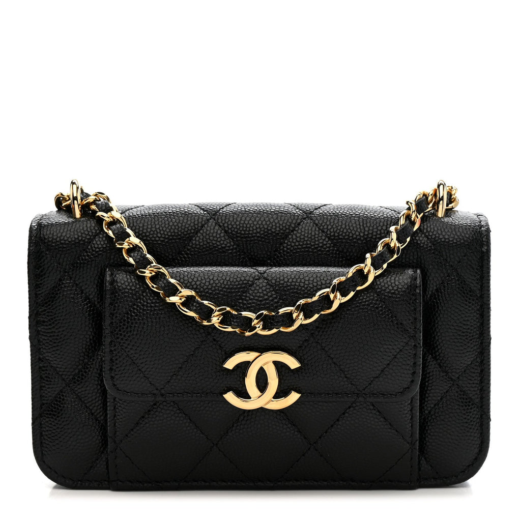 Caviar Quilted Pocket Twins Clutch With Chain Black