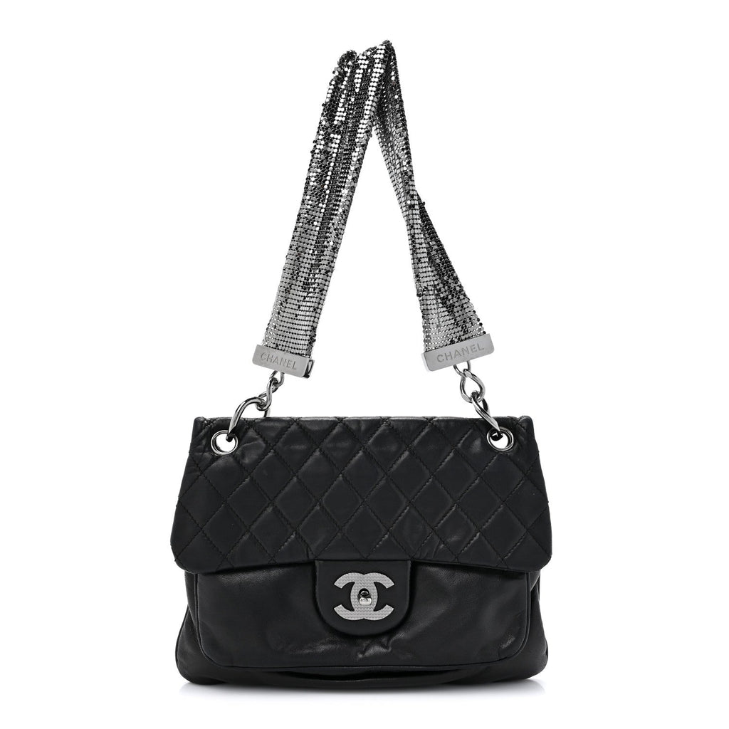 Lambskin Quilted Chain Mail Shoulder Bag Black