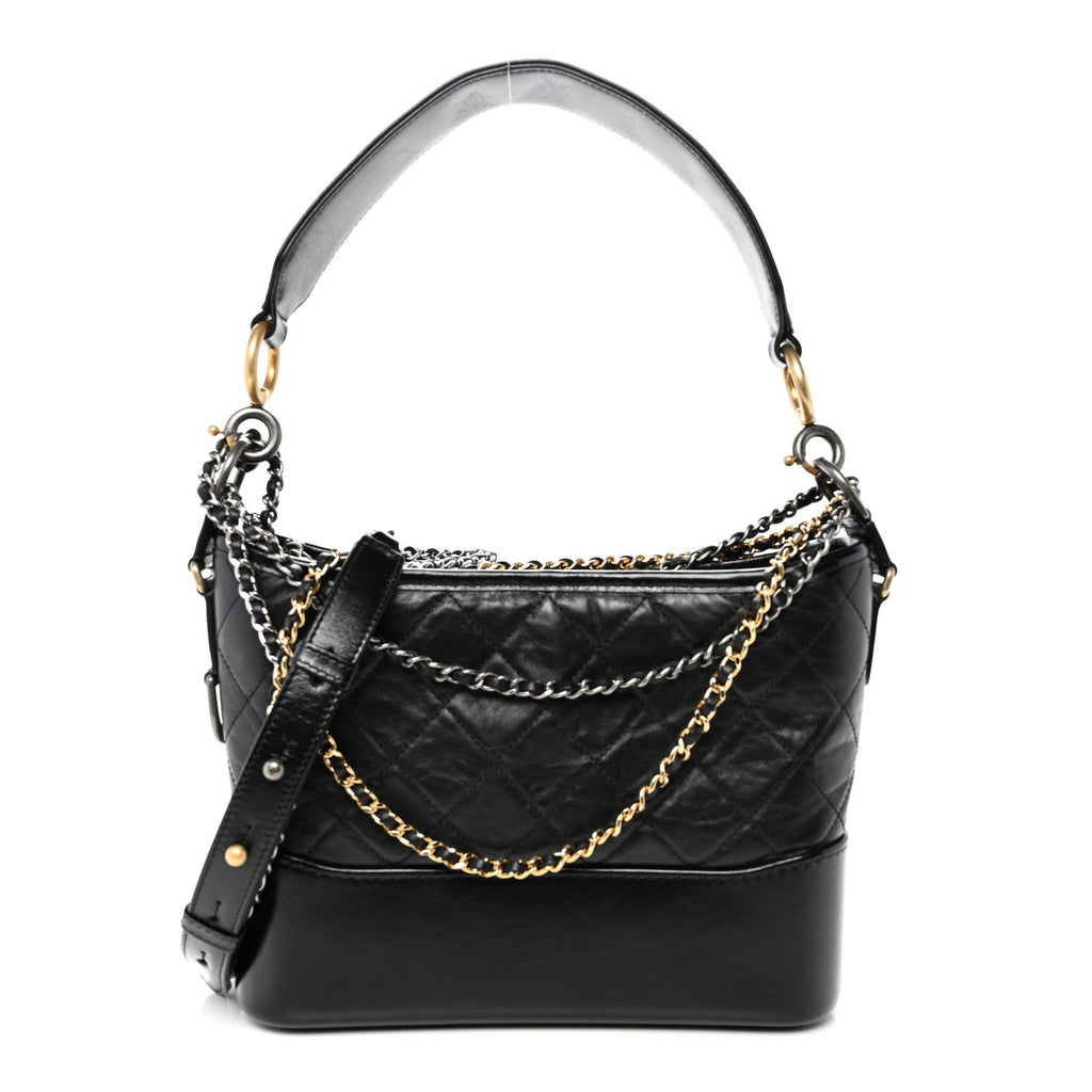 Aged Smooth Calfskin Quilted Medium Gabrielle Logo Hobo Black