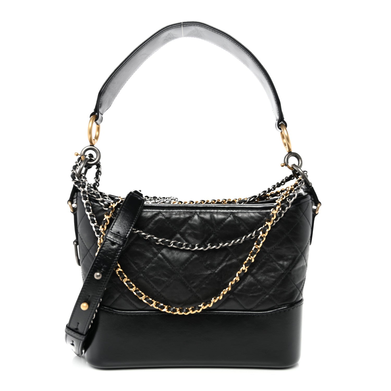 Aged Smooth Calfskin Quilted Medium Gabrielle Logo Hobo Black