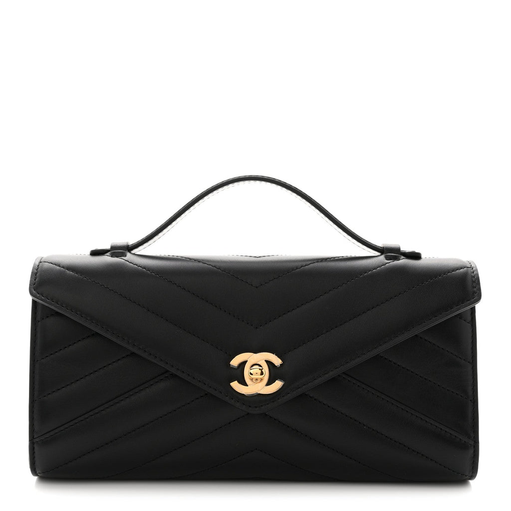 Lambskin Chevron Quilted Top Handle Envelope Clutch Black