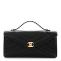 Lambskin Chevron Quilted Top Handle Envelope Clutch Black