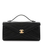 Lambskin Chevron Quilted Top Handle Envelope Clutch Black