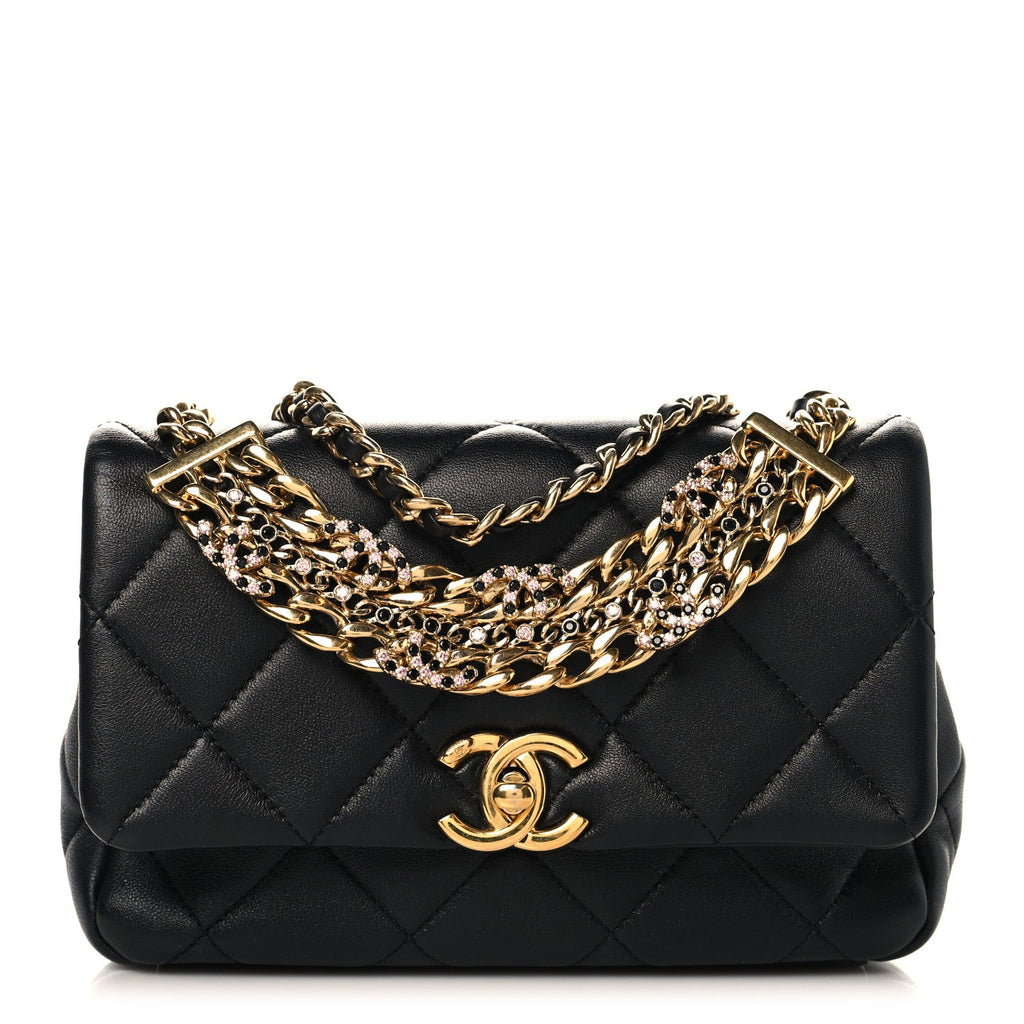 Lambskin Quilted Mini CC Crystal Logo Chain Flap Black