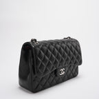 Chanel Classic Flap Bag Lambskin Black Bag Jumbo in Silver Hardware
