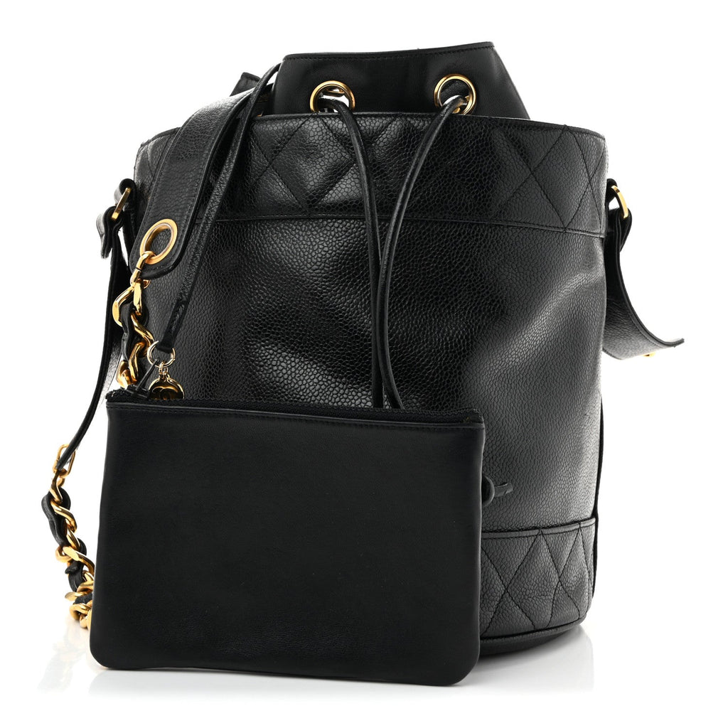 Caviar Drawstring Bucket Shoulder Bag Black
