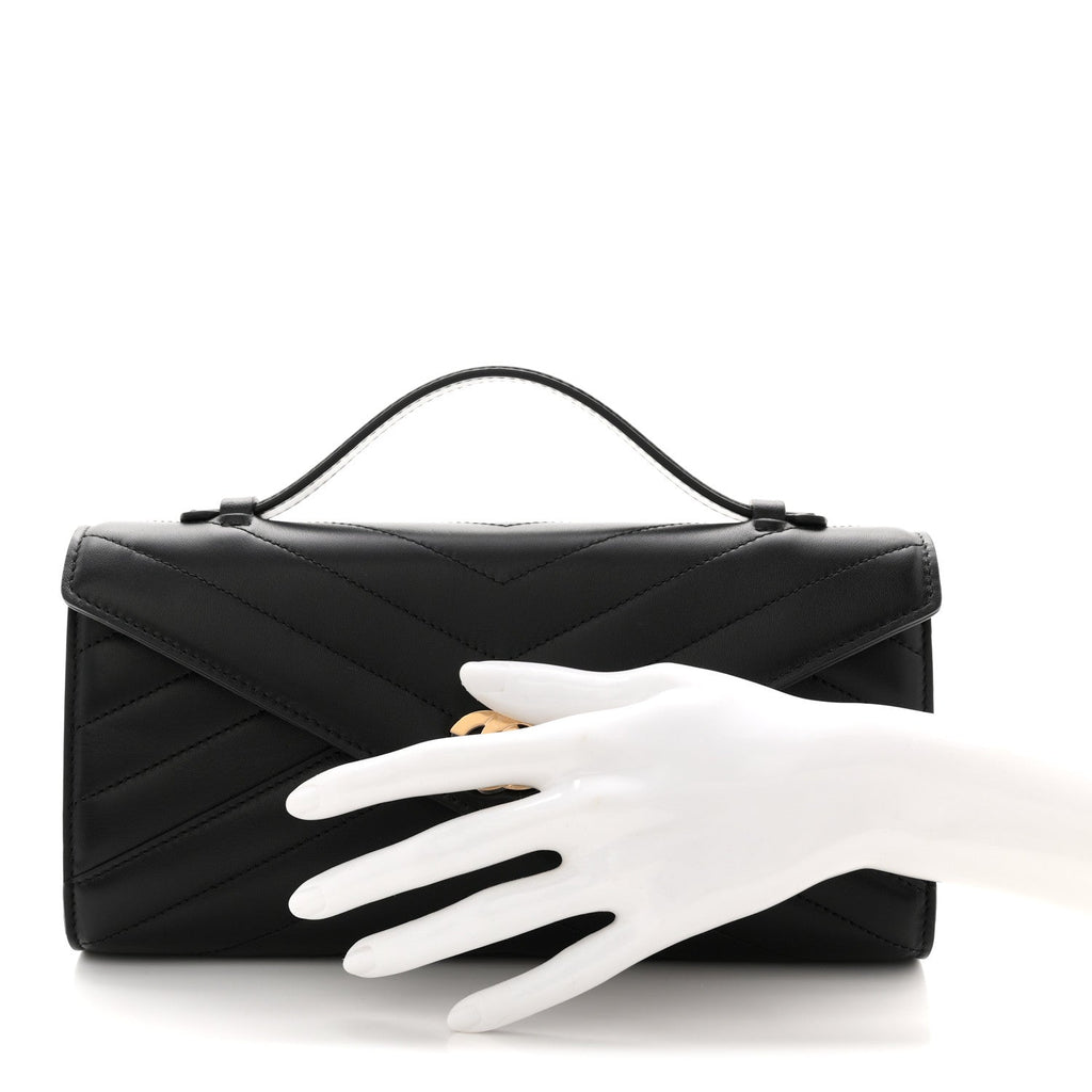 Lambskin Chevron Quilted Top Handle Envelope Clutch Black