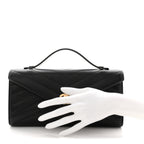 Lambskin Chevron Quilted Top Handle Envelope Clutch Black