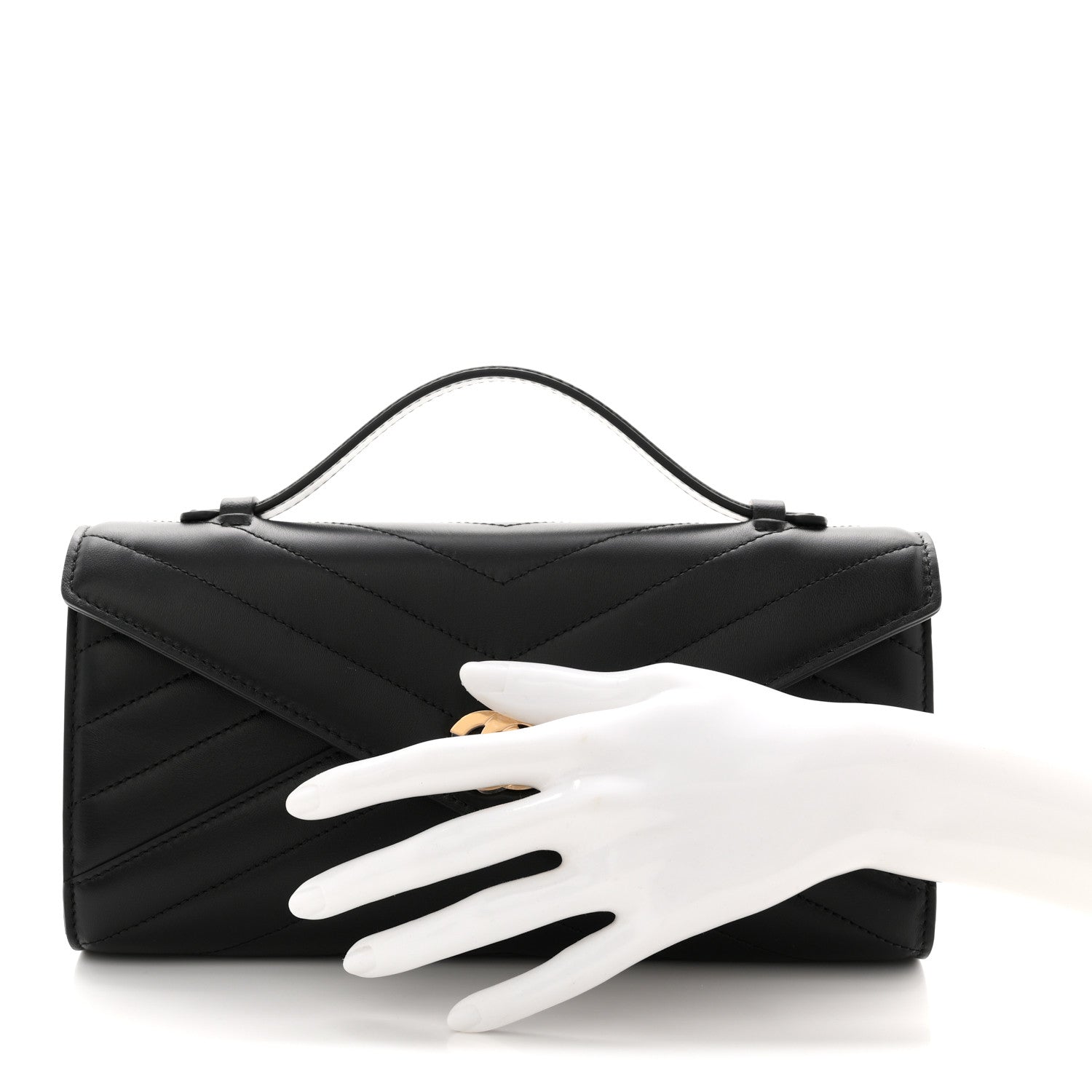 Lambskin Chevron Quilted Top Handle Envelope Clutch Black