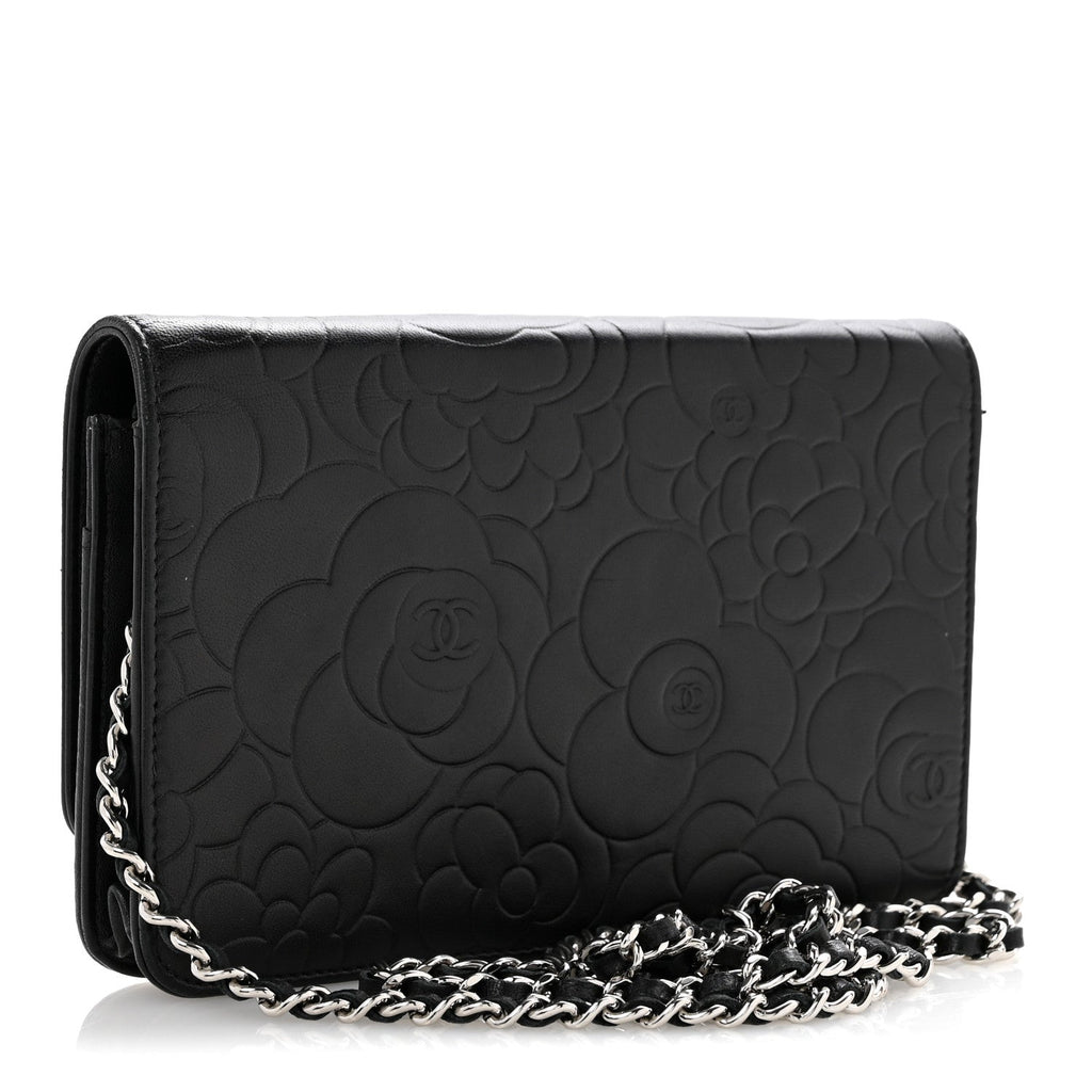 Lambskin Camellia Embossed Wallet On Chain WOC Black