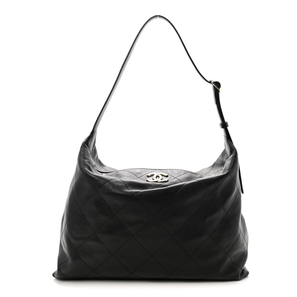 Shiny Lambskin Quilted Maxi Hobo Black