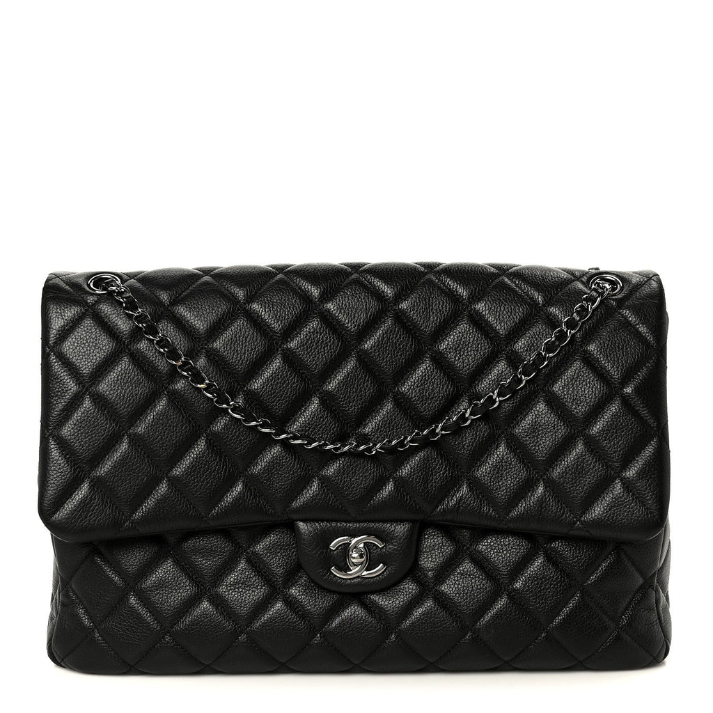 Calfskin Quilted XXL Travel Flap Bag Black
