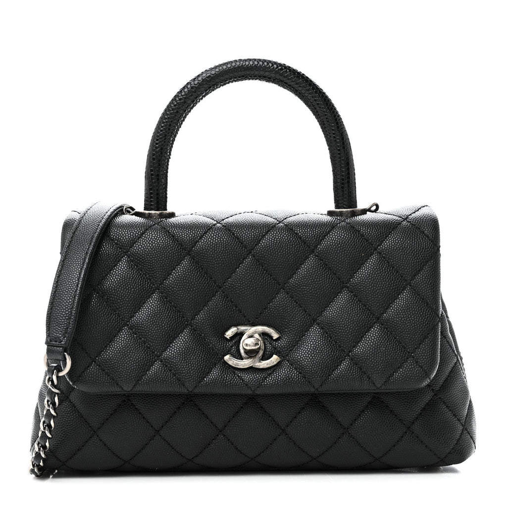 Caviar Lizard Embossed Quilted Mini Coco Handle Flap Black