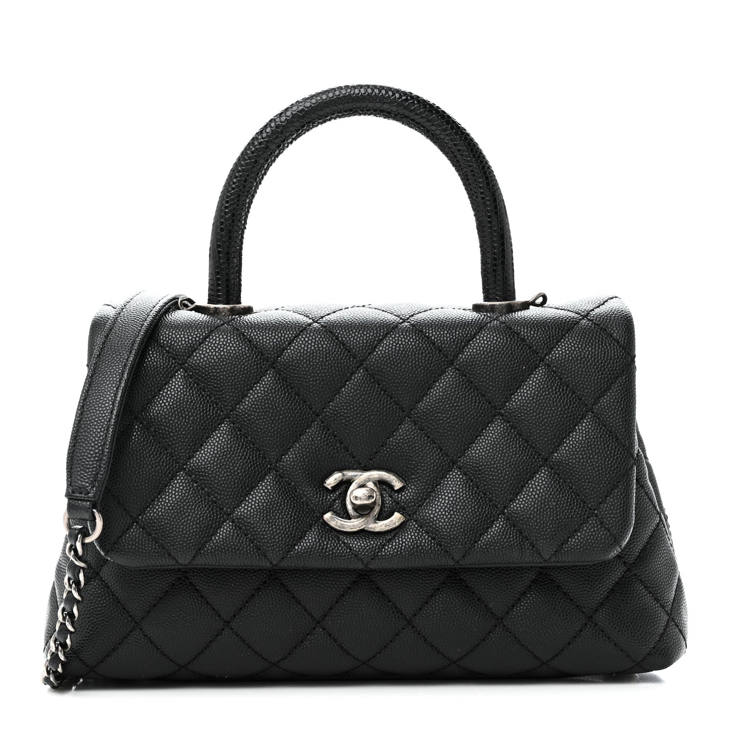 Caviar Lizard Embossed Quilted Mini Coco Handle Flap Black