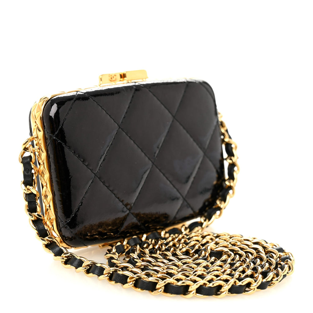 Glazed Goatskin Quilted Small Box With Chain Black