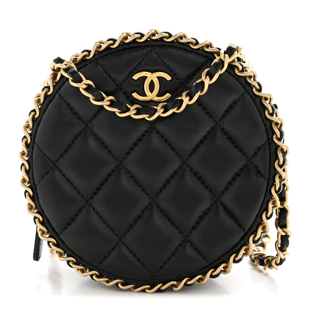 Lambskin Quilted Chain Around CC Round Clutch With Chain Black