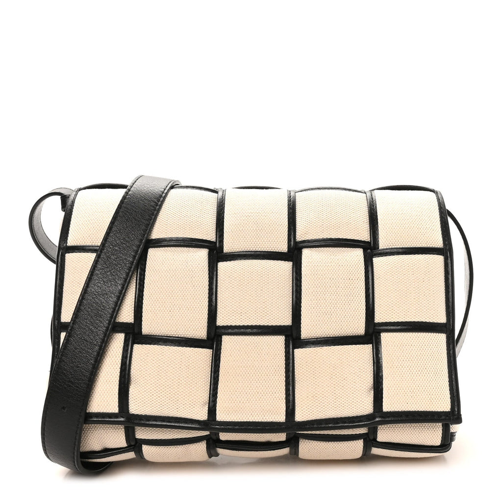 Canvas Intrecciato Padded Cassette Crossbody Bag Natural Black