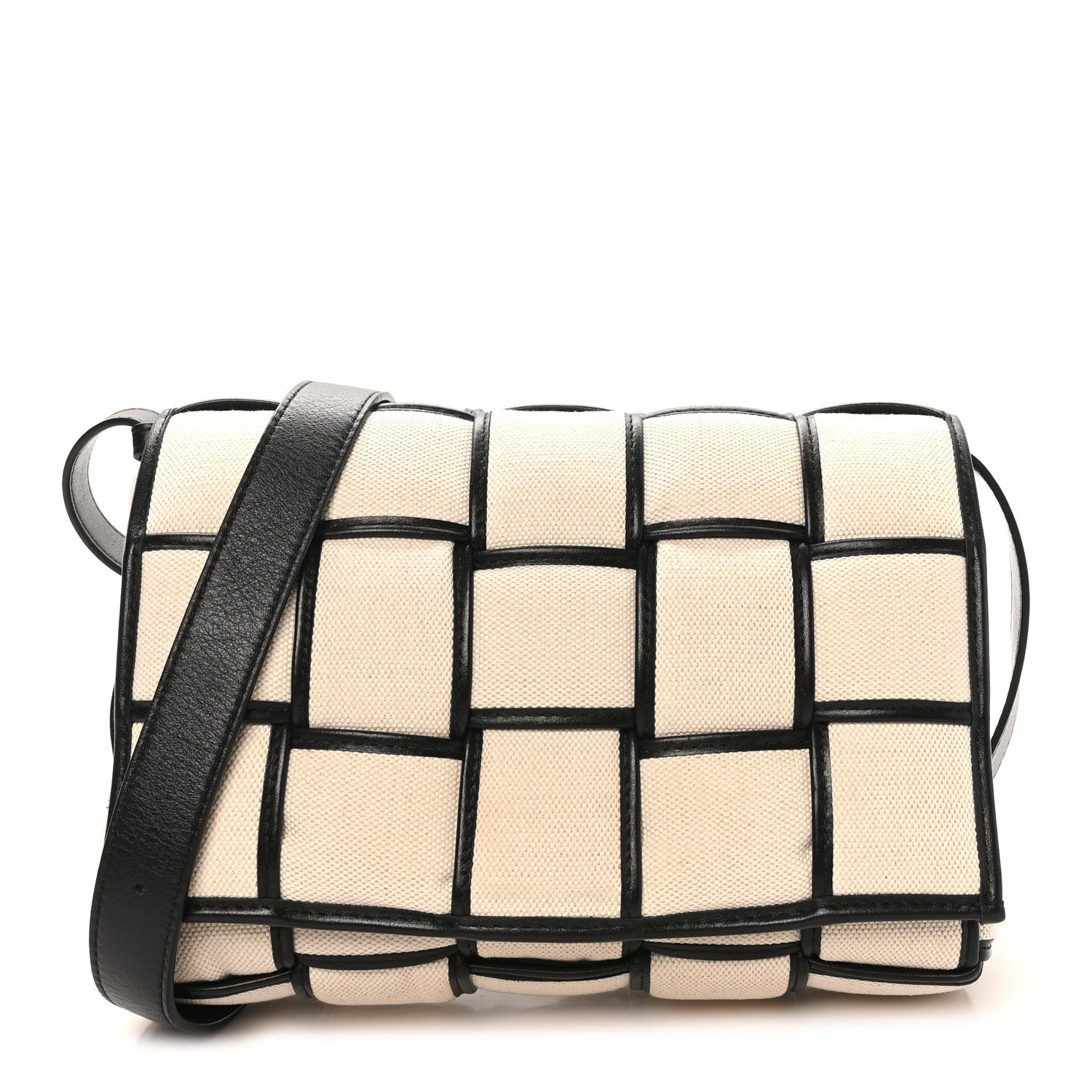 Canvas Intrecciato Padded Cassette Crossbody Bag Natural Black
