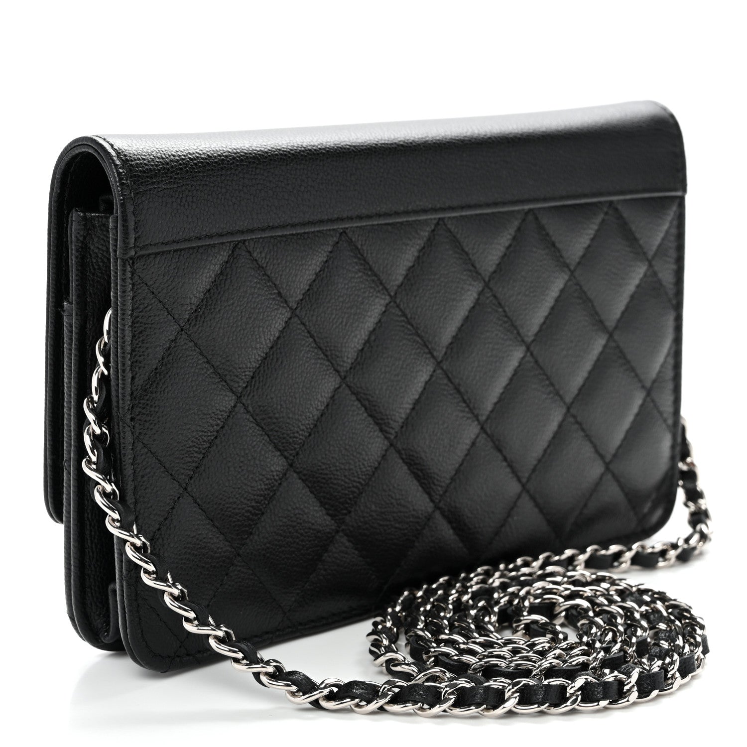 Grained Calfskin Quilted CC Box Wallet On Chain WOC Black