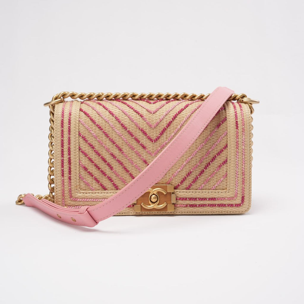 Chanel Medium Boy Flap Chevron Raffia & Leather Pink 2018