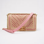 Chanel Medium Boy Flap Chevron Raffia & Leather Pink 2018