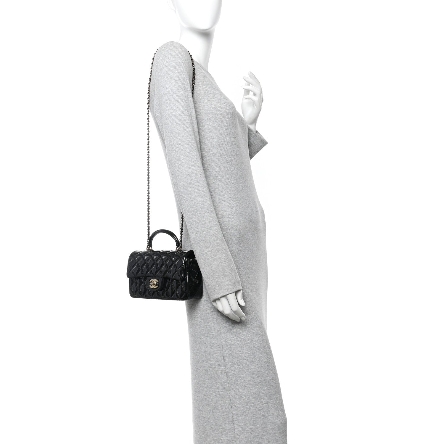 Patent Quilted Mini Top Handle Rectangular Flap Black