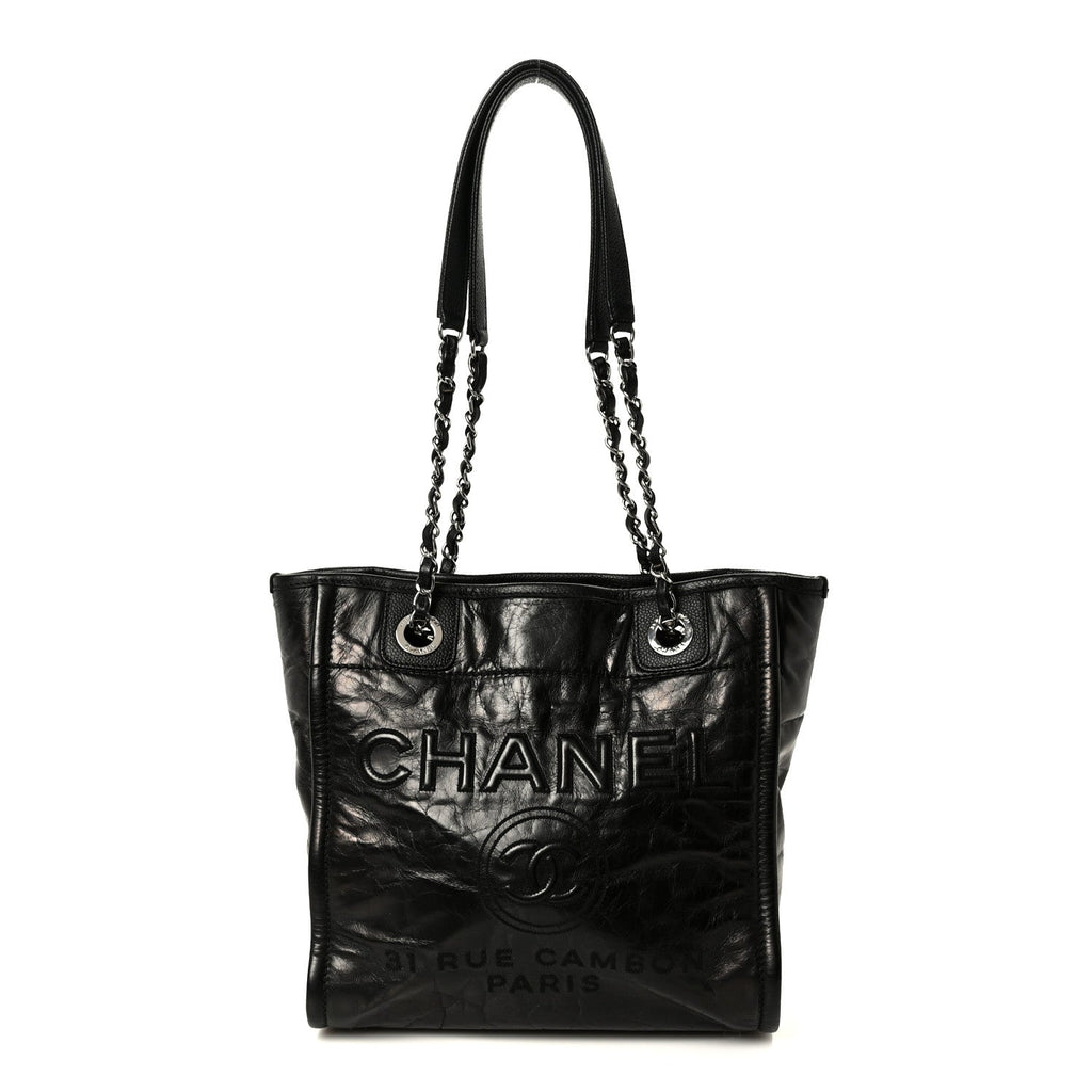 Glazed Calfskin Mini Deauville Tote Black