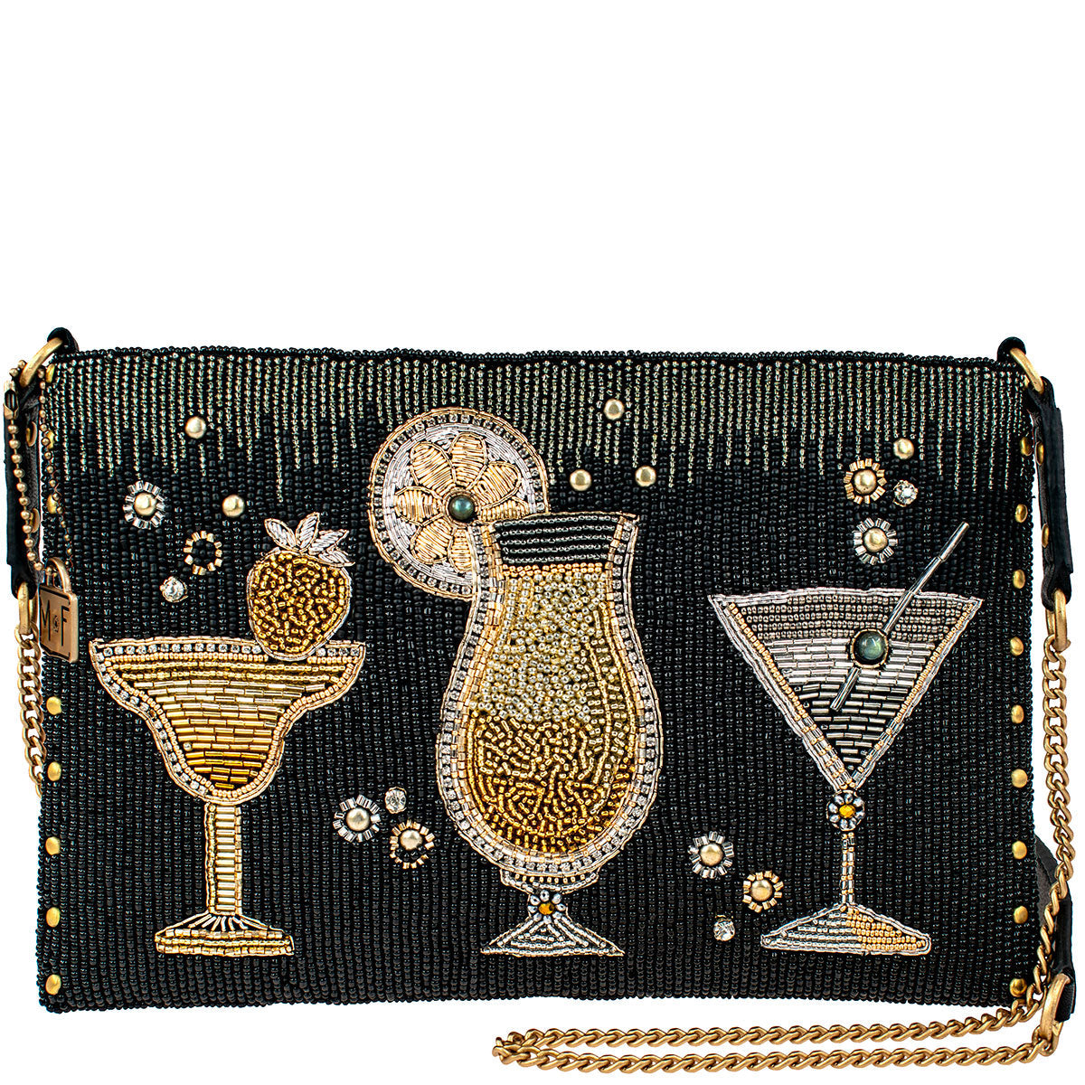 Mary Frances Another Round Crossbody Beaded Handbag Bar Glass Black Gold Bag Purse NEW