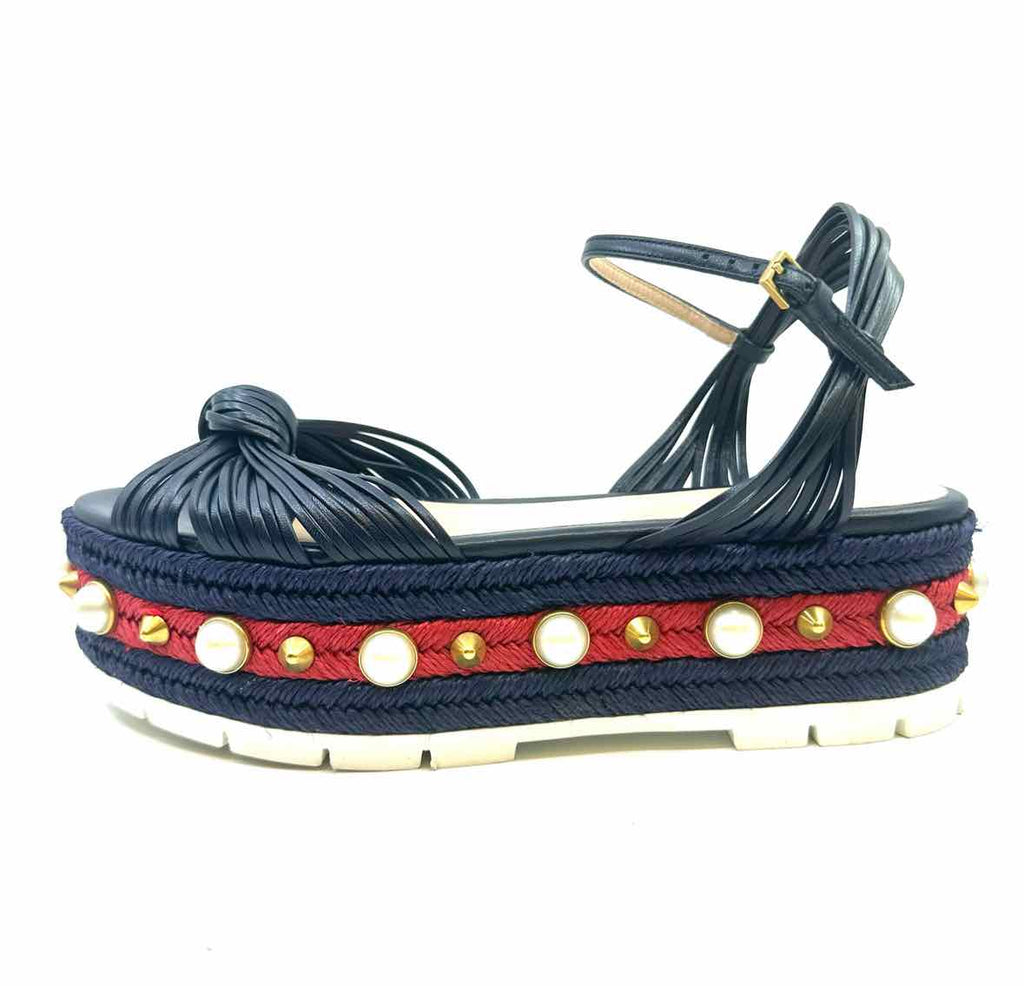 GUCCI Size 7.5 Navy, red Leather Stripe Wedge