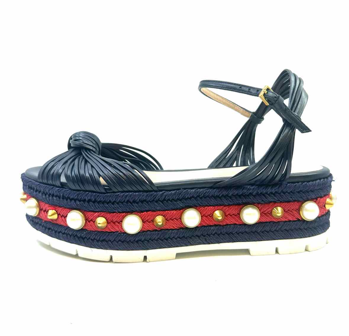 GUCCI Size 7.5 Navy, red Leather Stripe Wedge