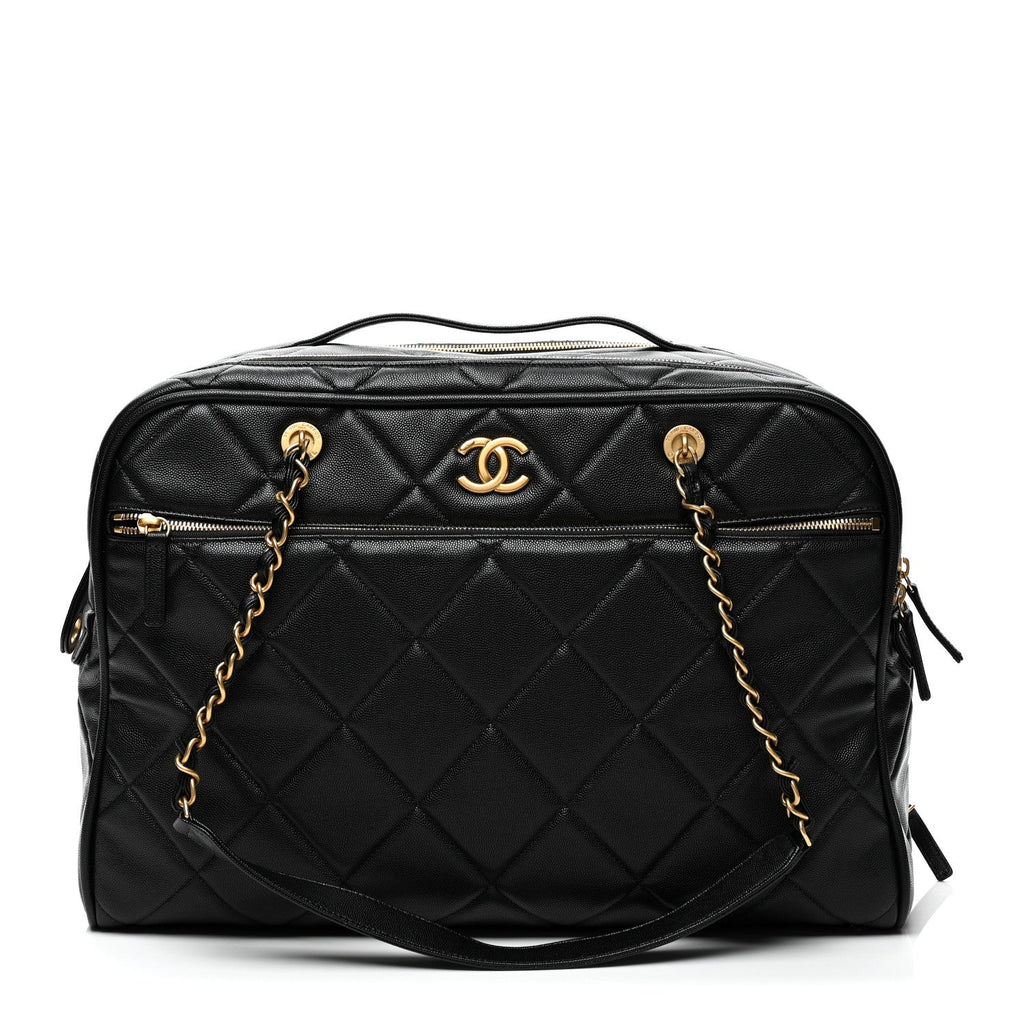 Shiny Grained Calfskin Quilted Travel Bowling Bag Black