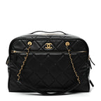 Shiny Grained Calfskin Quilted Travel Bowling Bag Black