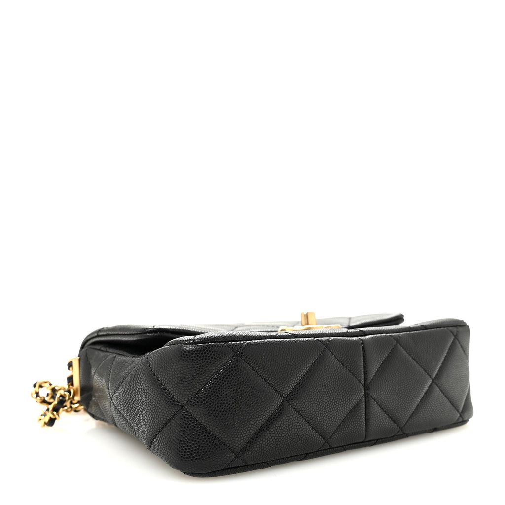 Shiny Caviar Quilted Mini Chain Messenger Flap Bag Black