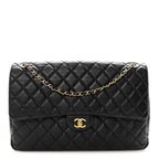 Grained Calfskin Quilted XXL Travel Flap Bag Black