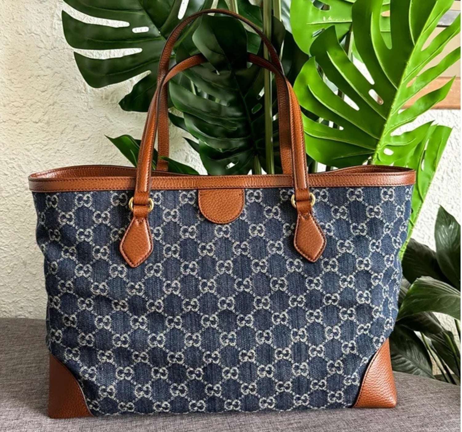 Gucci Ophidia GG Jacquard Denim Blue Brown Tote Bag Italy Leather Handbag New