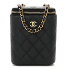 Caviar Quilted Small Vertical Coco Beauty Vanity Case With Chain Black