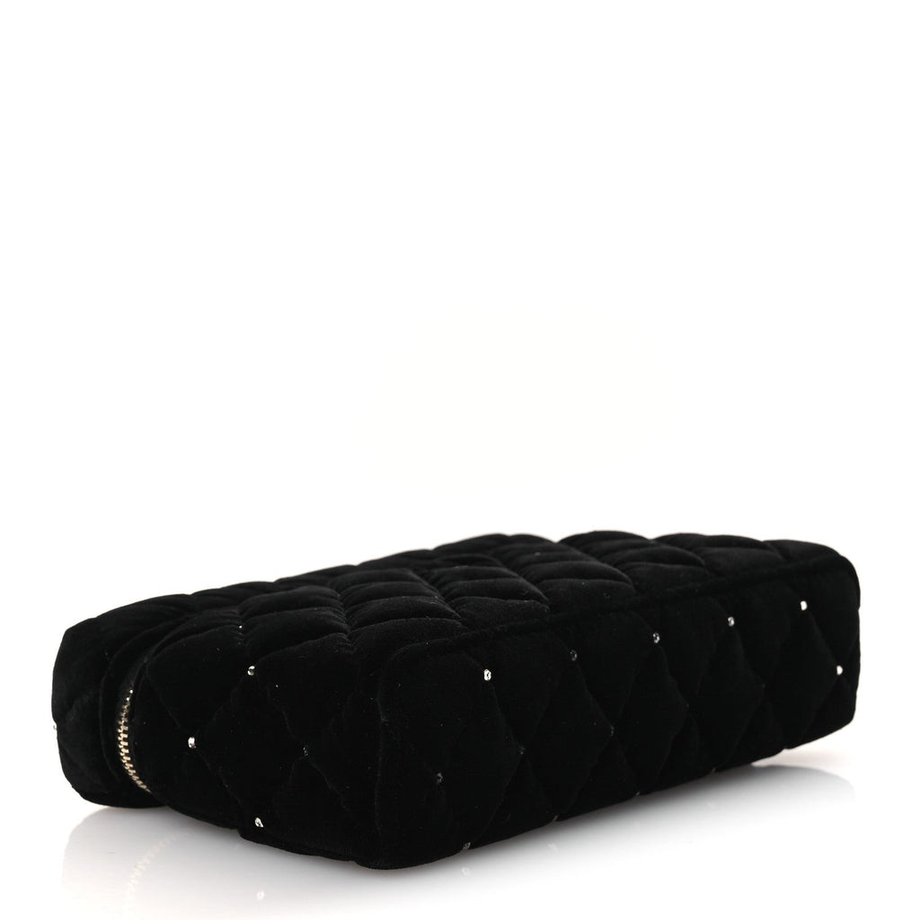 Velvet Diamanté Quilted Top Handle Slim Vanity Case With Chain Black